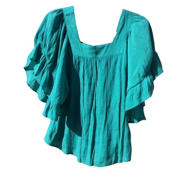 Zac & Rachel shirt womens M medium green flutter sleeve western bohemian festive - Picture 8 of 11